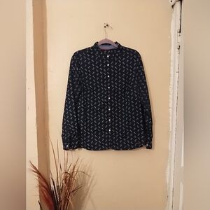 Talbots Wm 100% Cotton Button Up Fun Anchor Novelty Print Navy Blue Shirt Sz 10